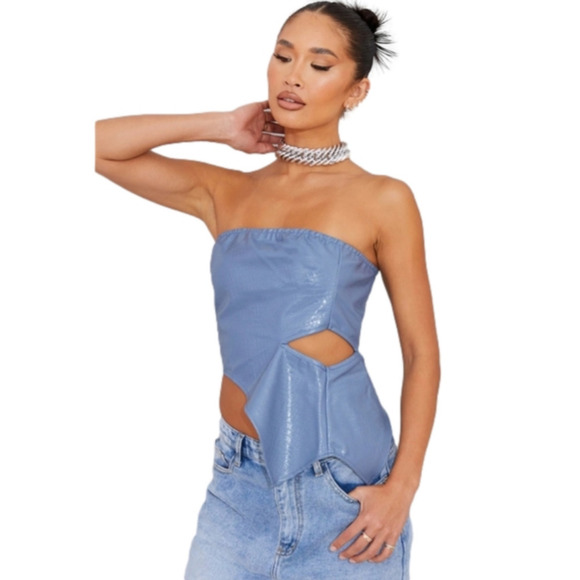 Pretty Little Thing Blue Faux Leather  Asymmetrical Snakeskin Top with Cutout - Picture 1 of 10